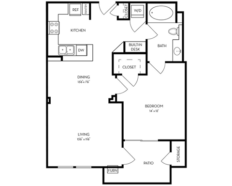 Floor plan for 1 bed, 1 bath, 748 sqft